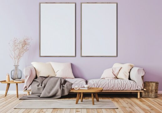 A minimalist living room with a white sofa. two blank frames. wooden floor. and a coffee table