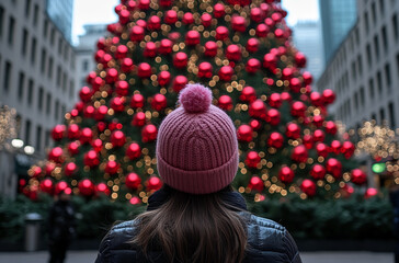 A woman wearing a pink hat stands in front of a large Christmas tree decorated with red ornaments, in a city setting