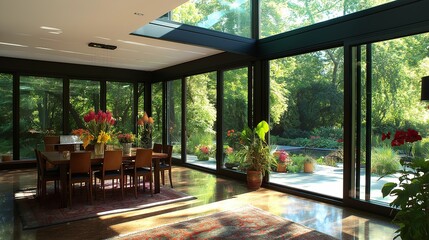 Poster - Open Dining Room with Large Glass Doors, Minimalist Table, and View of Patio