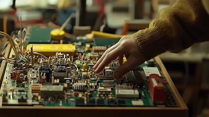 Poster - A hand interacts with a complex electronic circuit board, showcasing technology and engineering.