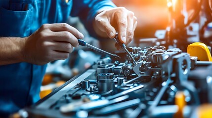 Poster - A technician working on machinery with tools in a workshop setting.