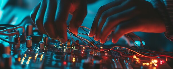 Poster - Close-up of hands manipulating electronic equipment with colorful lights.