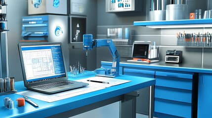 Poster - A modern workspace featuring a laptop, robotic arm, and various tools for design and engineering.