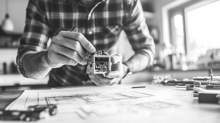 Poster - A person assembling a small mechanical device over blueprints and tools.