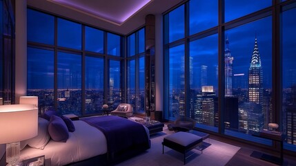 Poster - Modern Bedroom with Sliding Glass Doors and Views of the Cityscape