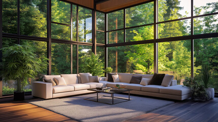 Poster - Minimalist Living Room with Floor-to-Ceiling Windows and Neutral Furniture