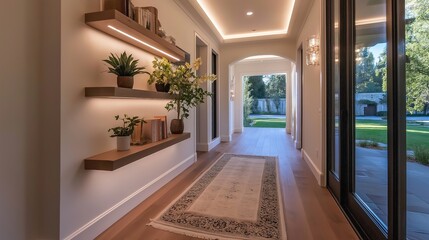 Poster - Minimalist Entryway with Floating Shelves, Small Rug, and Built-In Lighting