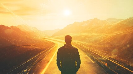 Aufkleber - Serene Figure Strolling on an Endless Road Under Golden Sunset with Scenic Mountains and Dramatic Sky in the Background