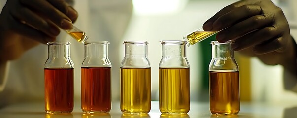Poster - A scientist mixes colored liquids in test tubes for experimentation.