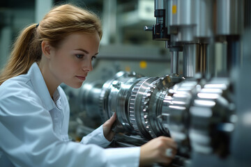 Poster - Female engineer inspects complex machine part during routine check