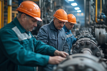 Poster - Male workers conduct thorough inspections at a gas plant during daylight