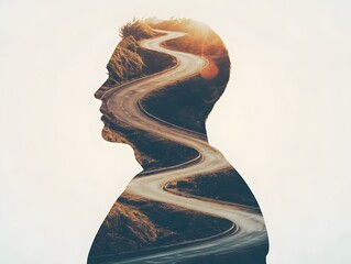 Aufkleber - Surreal Double Exposure of a Silhouette with a Winding Road Inside, Symbolizing Journey, Reflection, and Self-Discovery with a Scenic Landscape Backdrop