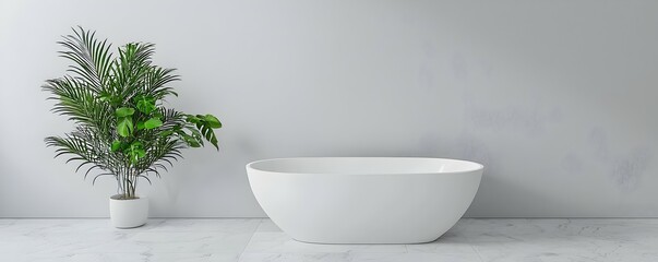 Poster - Bright and Airy Minimalist Bathroom Design with Freestanding Bathtub - Modern Elegance Featuring Light Marble Flooring and Invigorating Green Plant Accents