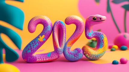 Poster - A colorful 3D snake representing the year 2025, set against a vibrant background.