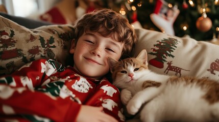 Wall Mural - A young boy in a red Christmas sweater smiles while cuddling a white cat, relaxing on a couch near a Christmas tree