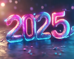 Poster - Colorful futuristic 2025 numbers glowing with bright neon lights on a dark background.