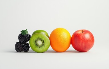 Wall Mural - A vibrant arrangement of fresh fruits: blackberries, kiwi, orange, and red apple, showcasing their colorful and healthy appeal, isolate on white background.