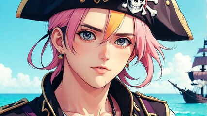 Wall Mural - Close-up of a pirate on an aesthetic respective environment anime background