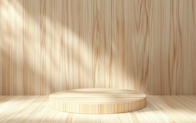 Poster - Minimalist wooden display platform with natural lighting in a simple interior setting during the daytime