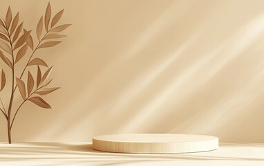 Poster - A minimalist display platform with a leafy background in warm hues, perfect for showcasing products or art in a bright room