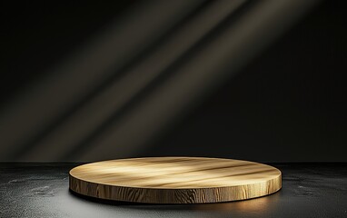 Poster - A circular wooden platform illuminated by soft light in a darkened room for artistic performances or presentations