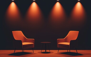 Poster - Cozy orange chairs with a small table illuminated by soft lighting on a dark background in a modern interior setting