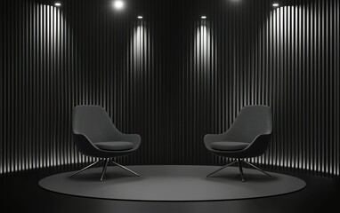 Poster - Modern minimalist furniture arrangement with two black chairs in a stylish interior space illuminated by soft lighting