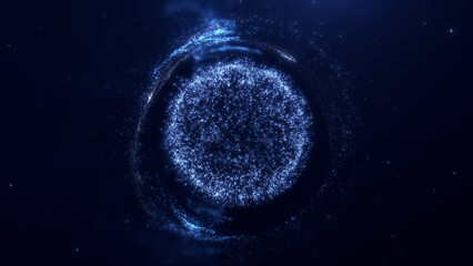 Energy purple grey sphere of glowing plasma particles levitating in space against the dark background of a vortex. Shiny bokeh digital futuristic core made of plasma.