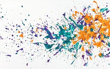 Poster - Colorful abstract paint splash artwork with vibrant orange, purple, and green colors on a white background