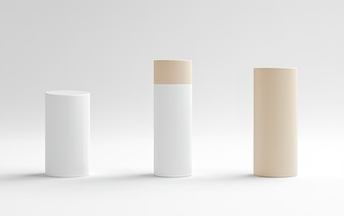Poster - Minimalist product display featuring cylindrical containers in neutral colors on a clean white background