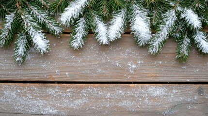 Poster - Snowy Pine Branches Over Wooden Background