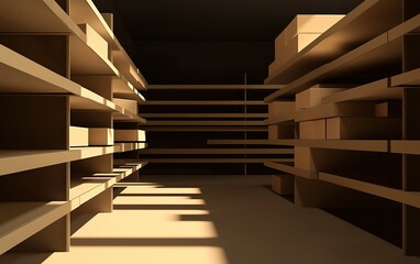 Poster - Empty wooden shelves in a storage area illuminated by soft light, showcasing organization and space