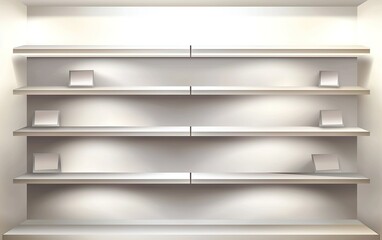 Poster - Minimalist display shelves in a well-lit interior showcasing empty spaces for art or products in a contemporary setting