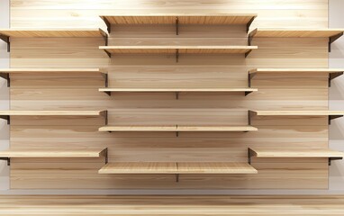 Poster - Minimalistic wooden shelving unit with multiple shelves in a modern interior design setting