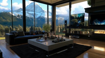 Poster - Living Room with Large Windows, Concrete Coffee Table, and Black Accents