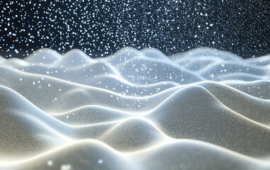 Poster - Shimmering white sand dunes illuminated by soft light against a dark background, creating a serene and captivating ambiance