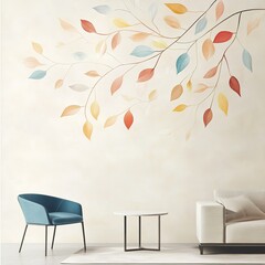 Poster - Stylish living room design featuring a colorful leaf mural and modern furniture arrangement in soft tones