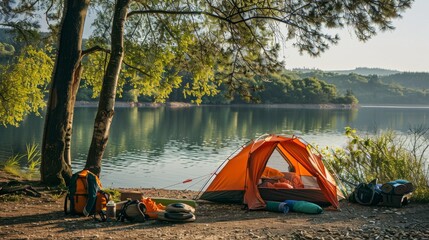 Poster - An idyllic camping setup by a peaceful lake, Camping gear arranged by the tent, Natural outdoor style