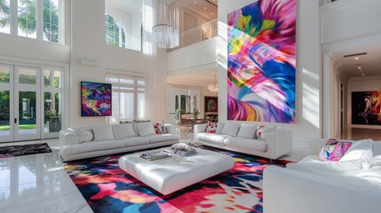 Poster - Living Room with High Ceilings, Oversized Artwork, and White Sofas