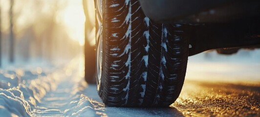 Wall Mural - Winter Road Trip: Close-up of a Tire on a Snowy Road at Sunset