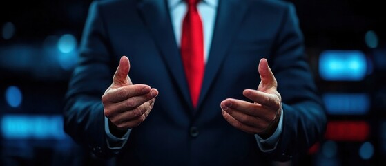 Poster - Economic risk concept. A business professional gestures confidently while wearing a formal suit and a bold red tie in a professional setting.
