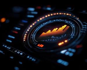 Poster - Economic risk concept. A digital display showing a colorful sound wave visualization on a sleek, modern interface, featuring various glowing elements and data levels.