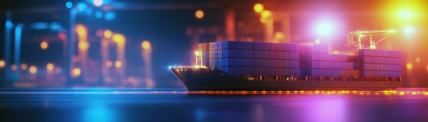 Aufkleber - Transportation risk concept.  A colorful nighttime scene featuring a cargo ship adorned with containers, illuminated by vibrant lights, set against a shimmering water surface.