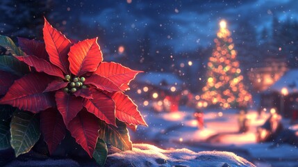 Poster - Red Poinsettia in Snowy Winter Landscape with a Christmas Tree in the Background