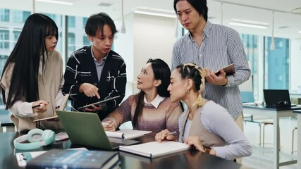 Aufkleber - Meeting, tablet and Asian business people on laptop for web design project, planning and feedback. Creative company, Japan and men and women on computer for teamwork, collaboration and discussion