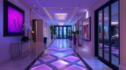 Poster - Hallway with LED Lighting, Geometric Floor Tiles, and Wall Sculptures