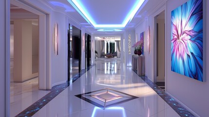 Poster - Hallway with LED Lighting, Geometric Floor Tiles, and Wall Sculptures