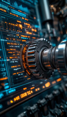 Poster - close up of gear system with illuminated trade statistics displayed, showcasing intricate details and technology. vibrant colors and data enhance industrial aesthetic