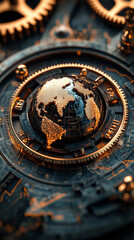 Poster - conceptual image of gears and globe representing global connections and technology. intricate design showcases blend of mechanical and digital elements, symbolizing innovation