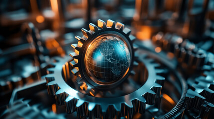 Poster - gear mechanism with globe at its center symbolizes global connectivity and innovation. intricate design showcases metallic textures and vibrant lighting, creating dynamic visual